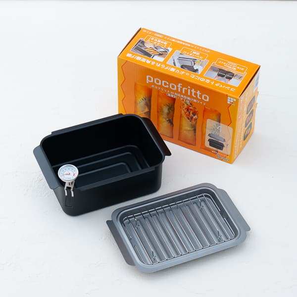 【ポコフリット】IH対応角型揚げ鍋ワイド(温度計・アミ付)