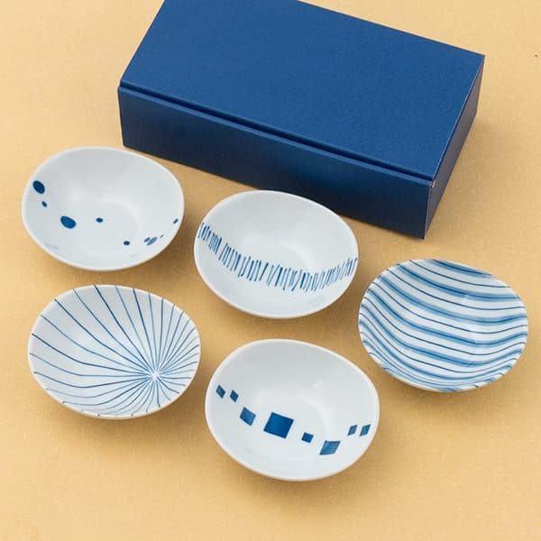 染付幾何紋楕円小付揃